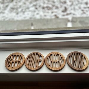 MCM style Round Coasters Set - Wood Cutouts “Beer Wine Cheers Drink”